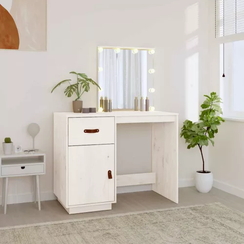 Fehér tömör fenyőfa fésülködőasztal LED-del 95 x 50 x 133,5 cm