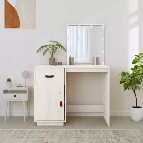 Fehér tömör fenyőfa fésülködőasztal LED-del 95 x 50 x 133,5 cm