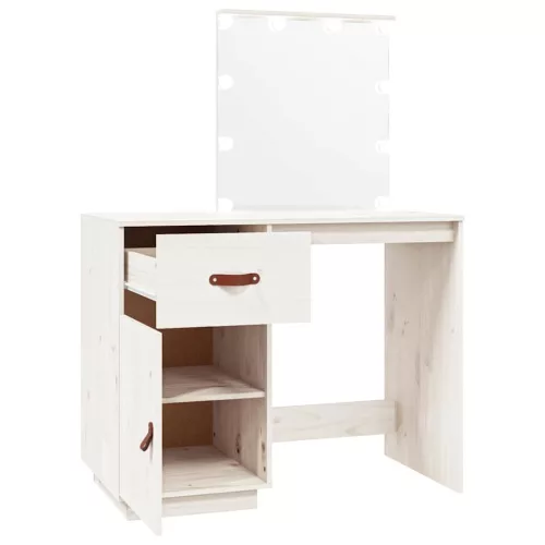 Fehér tömör fenyőfa fésülködőasztal LED-del 95 x 50 x 133,5 cm