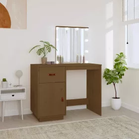   Mézbarna tömör fenyőfa fésülködőasztal LED-del 95x50x133,5 cm