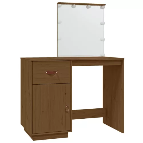 Mézbarna tömör fenyőfa fésülködőasztal LED-del 95x50x133,5 cm