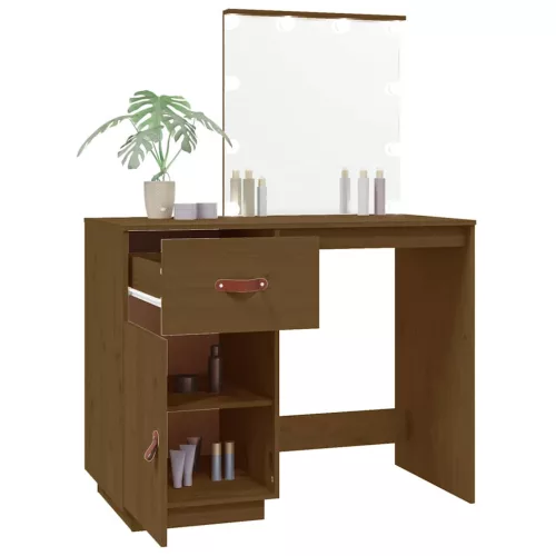 Mézbarna tömör fenyőfa fésülködőasztal LED-del 95x50x133,5 cm