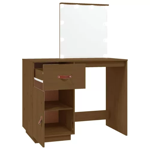 Mézbarna tömör fenyőfa fésülködőasztal LED-del 95x50x133,5 cm