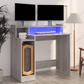   Szürke sonoma színű szerelt fa íróasztal LED-ekkel 97x45x90 cm