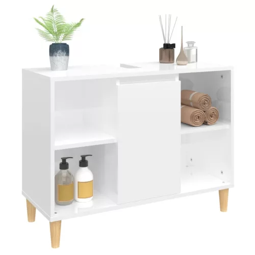 Magasfényű fehér szerelt fa mosdószekrény 80 x 33 x 60 cm