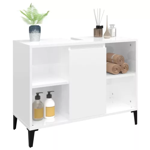 Magasfényű fehér szerelt fa mosdószekrény 80 x 33 x 60 cm