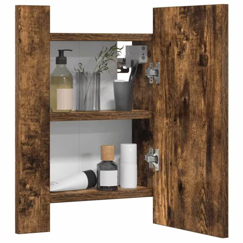 Füstöstölgy színű szerelt fa LED-es tükrös szekrény 40x12x45 cm