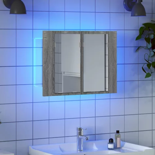 Szürke sonoma színű szerelt fa tükörszekrény LED-del 60x12x45cm