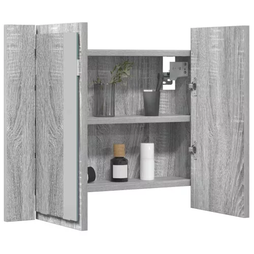Szürke sonoma színű szerelt fa tükörszekrény LED-del 60x12x45cm