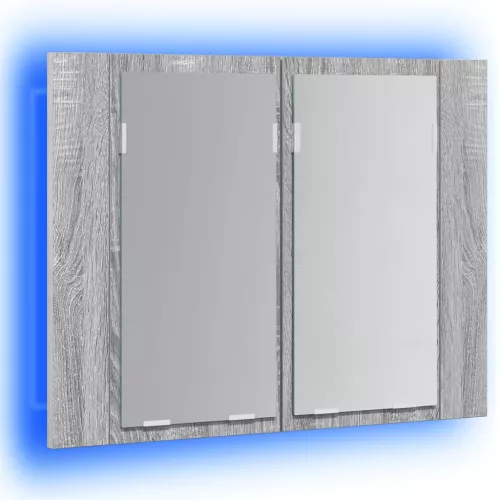Szürke sonoma színű szerelt fa tükörszekrény LED-del 60x12x45cm