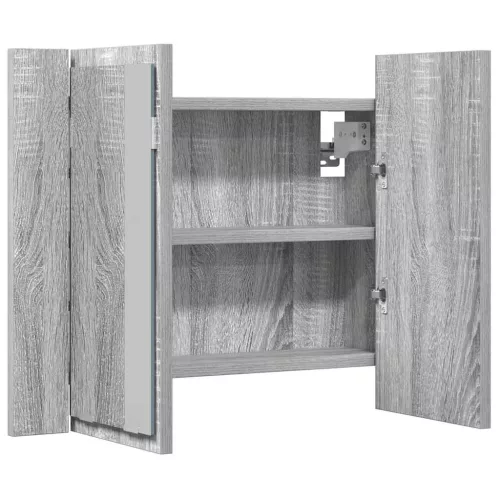 Szürke sonoma színű szerelt fa tükörszekrény LED-del 60x12x45cm
