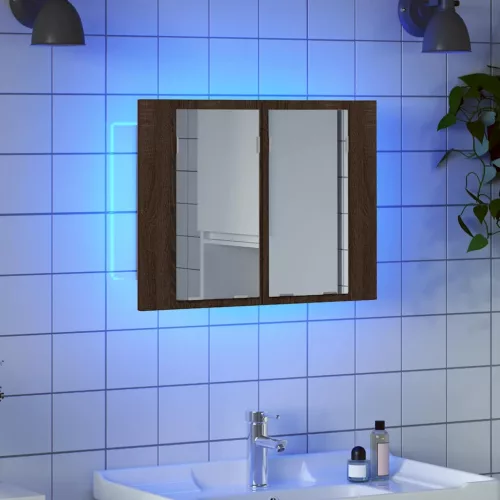 Barna tölgyszínű szerelt fa tükörszekrény LED-del 60x12x45 cm