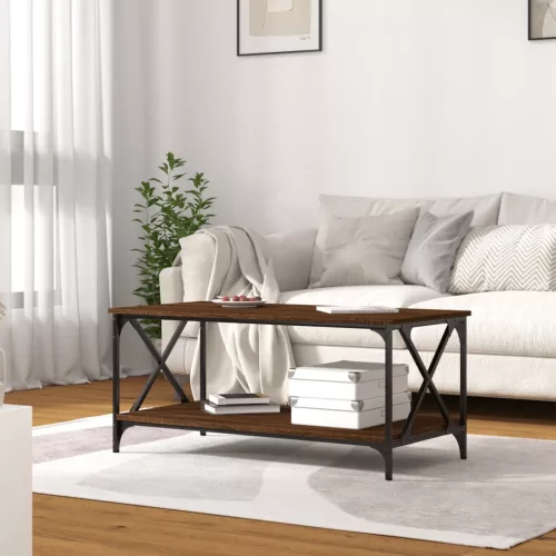 Barna tölgyszínű szerelt fa és vas dohányzóasztal 100x50x45 cm