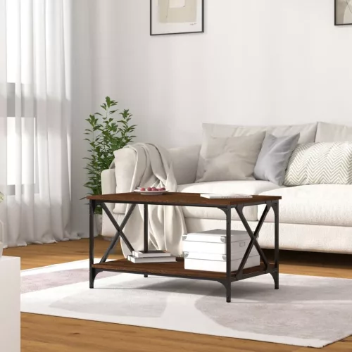 Barna tölgyszínű szerelt fa és vas dohányzóasztal 80x50x45 cm