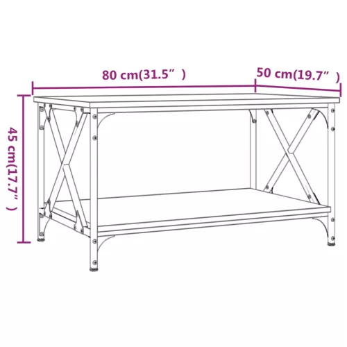 Barna tölgyszínű szerelt fa és vas dohányzóasztal 80x50x45 cm