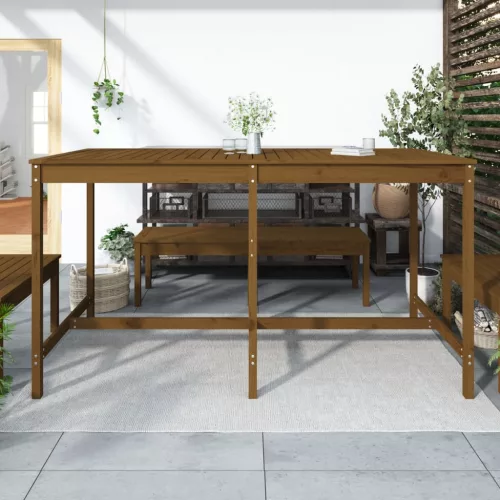 Mézbarna tömör fenyőfa kerti asztal 203,5x90x110 cm