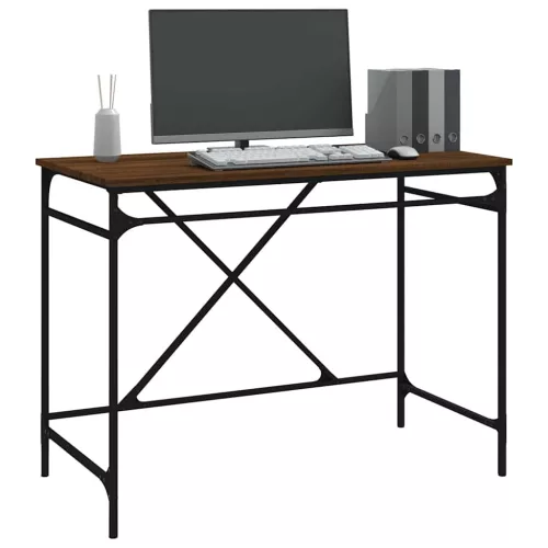 Barna tölgyszínű szerelt fa és vas íróasztal 100x50x75 cm