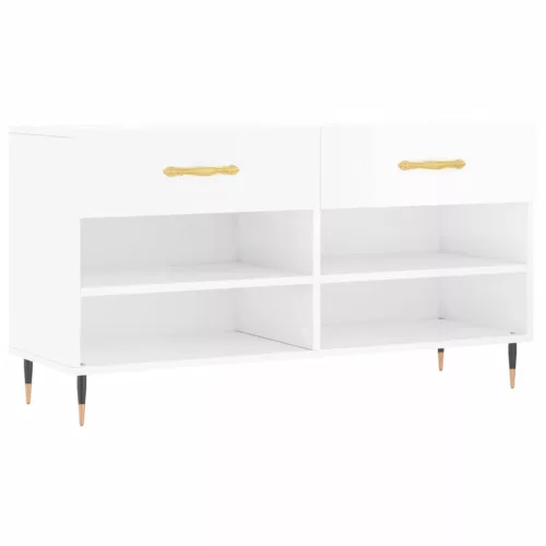Magasfényű fehér szerelt fa cipőpolc 102x35x55 cm