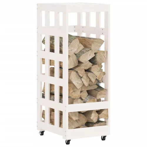 Fehér tömör fenyőfa rönktároló kerekekkel 40x49x110 cm