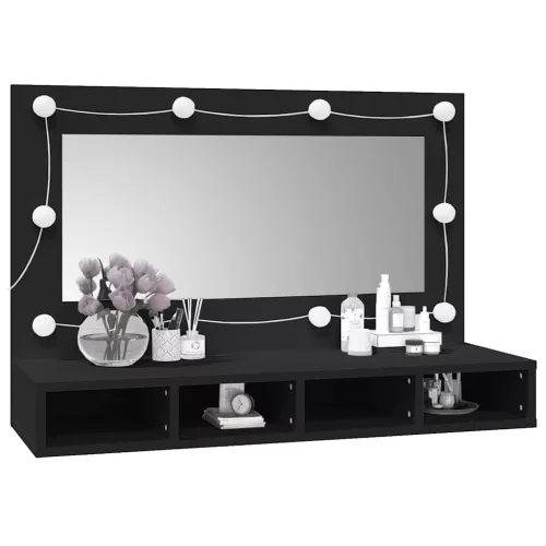 Fekete tükrös szekrény LED-ekkel 90x31,5x62 cm