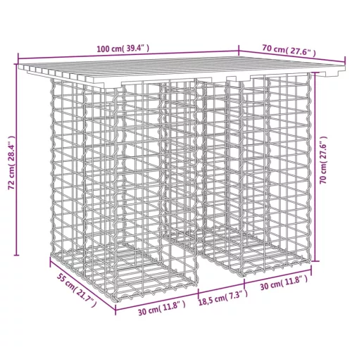 Tömör fenyőfa kerti asztal gabion mintával 100 x 70 x 72 cm