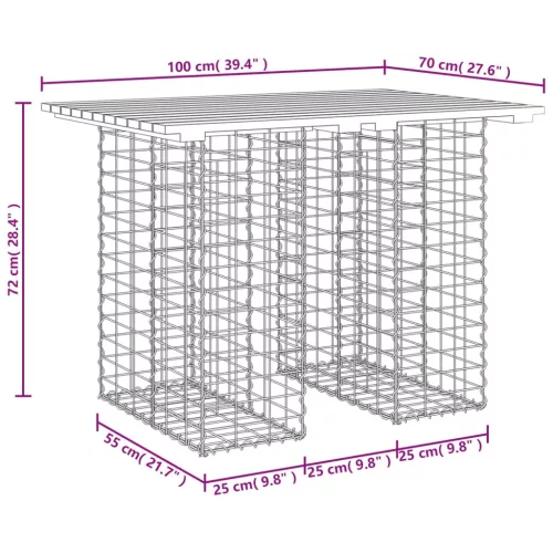 Tömör fenyőfa kerti asztal gabion mintával 100 x 70 x 72 cm