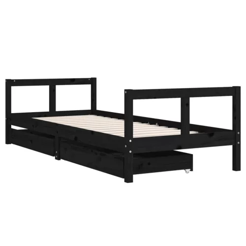 Fekete tömör fenyőfa gyerekágykeret fiókokkal 80 x 200 cm