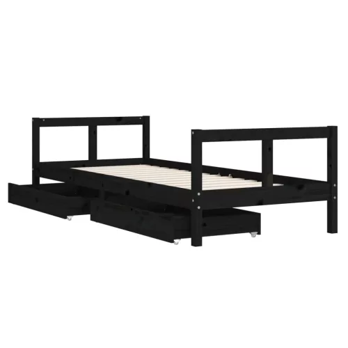 Fekete tömör fenyőfa gyerekágykeret fiókokkal 80 x 200 cm