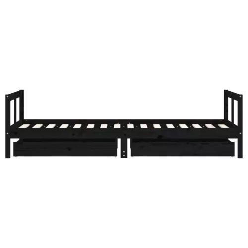 Fekete tömör fenyőfa gyerekágykeret fiókokkal 80 x 200 cm