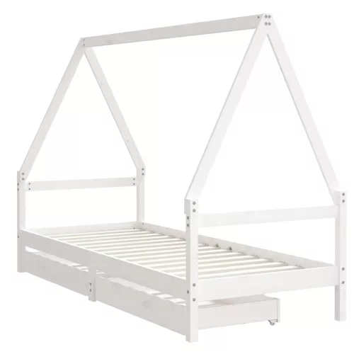 Fehér tömör fenyőfa gyerekágykeret fiókokkal 80 x 200 cm
