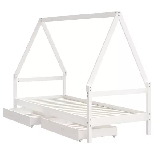 Fehér tömör fenyőfa gyerekágykeret fiókokkal 80 x 200 cm