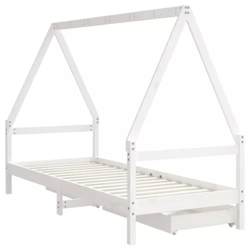 Fehér tömör fenyőfa gyerekágykeret fiókokkal 80 x 200 cm
