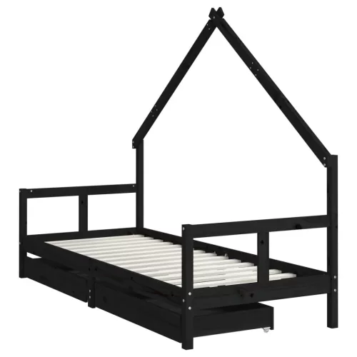 Fekete tömör fenyőfa gyerekágykeret fiókokkal 80 x 200 cm