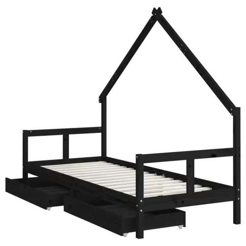 Fekete tömör fenyőfa gyerekágykeret fiókokkal 80 x 200 cm