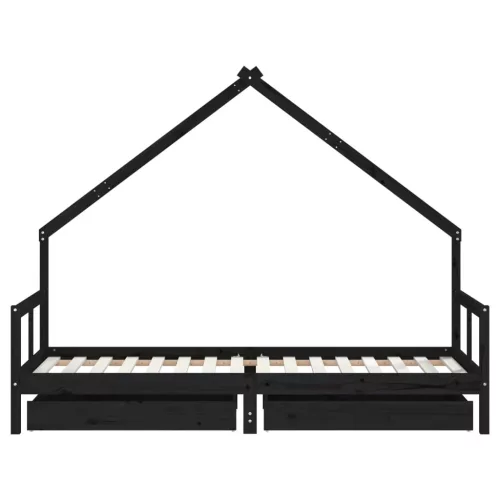 Fekete tömör fenyőfa gyerekágykeret fiókokkal 80 x 200 cm
