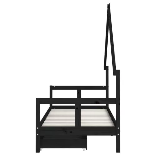Fekete tömör fenyőfa gyerekágykeret fiókokkal 80 x 200 cm