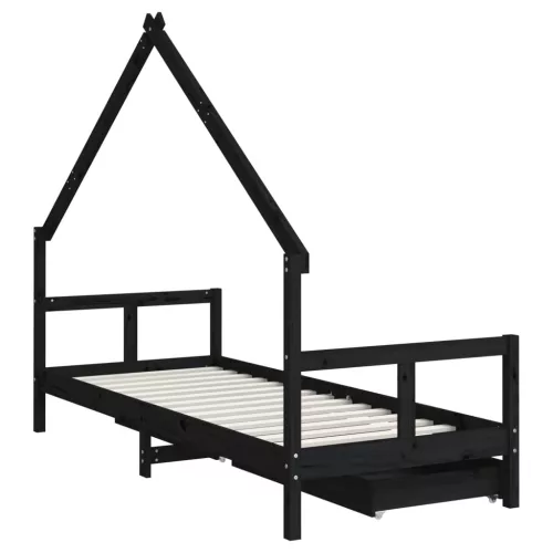 Fekete tömör fenyőfa gyerekágykeret fiókokkal 80 x 200 cm