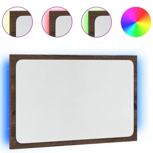 Barna tölgy szerelt fa LED-es fürdőszobatükör 60 x 8,5 x 38 cm