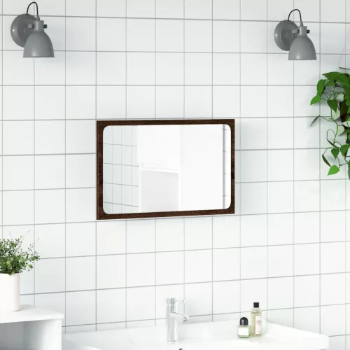 Barna tölgy szerelt fa LED-es fürdőszobatükör 60 x 8,5 x 38 cm
