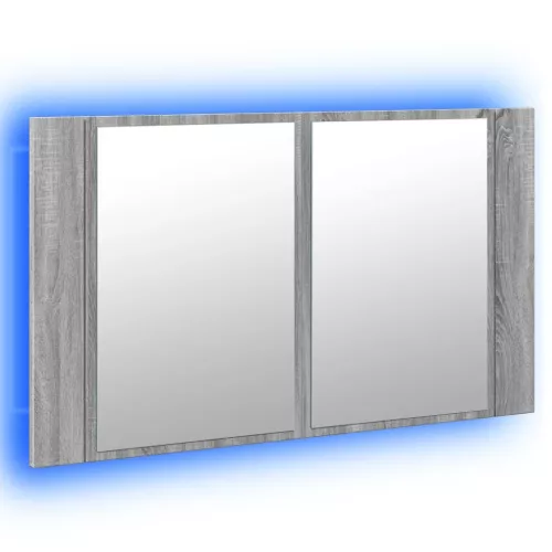 Szürke sonoma akril LED-es tükrös fürdőszobaszekrény 80x12x45cm