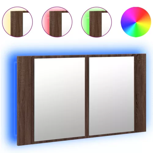 Barna tölgy akril LED-es tükrös fürdőszobaszekrény 80x12x45 cm