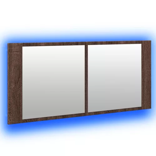 Barna tölgyszínű LED-es tükrös fürdőszobaszekrény 100x12x45cm