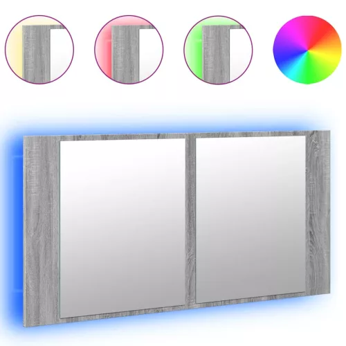 Szürke sonoma akril LED-es tükrös fürdőszobaszekrény 90x12x45cm