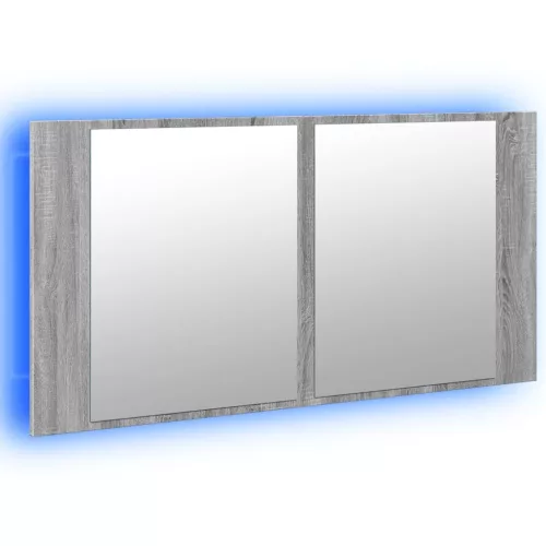 Szürke sonoma akril LED-es tükrös fürdőszobaszekrény 90x12x45cm