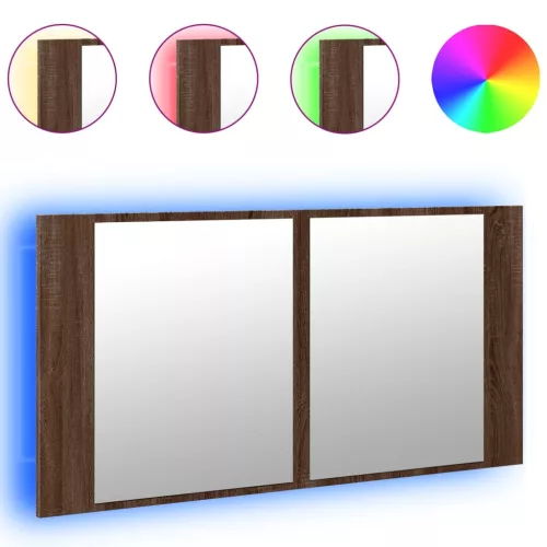 Barna tölgy akril LED-es tükrös fürdőszobaszekrény 90x12x45 cm