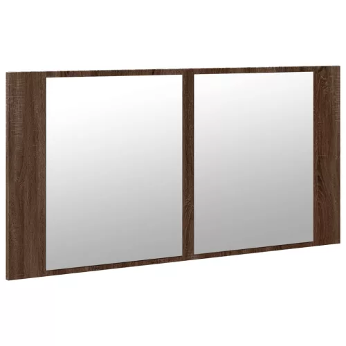 Barna tölgy akril LED-es tükrös fürdőszobaszekrény 90x12x45 cm