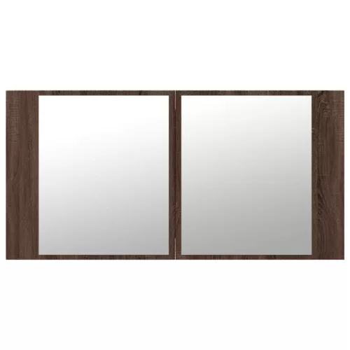 Barna tölgy akril LED-es tükrös fürdőszobaszekrény 90x12x45 cm