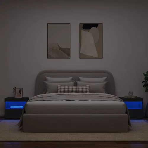 2 db fekete műfa éjjeliszekrény LED-fényekkel 50x40x45 cm