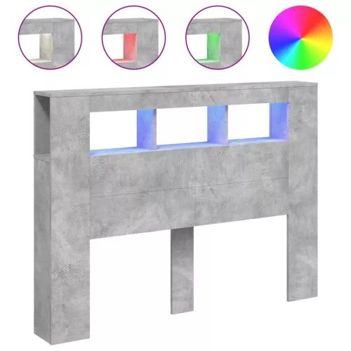 Betonszürke szerelt fa LED-es fejtámla 140x18,5x103,5 cm