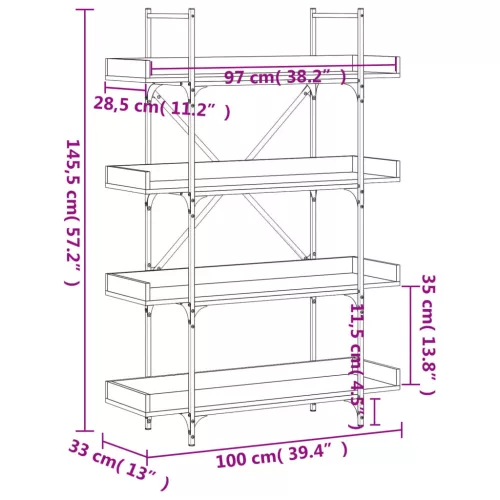 4-szintes sonoma tölgy szerelt fa könyvespolc 100x33x145,5 cm